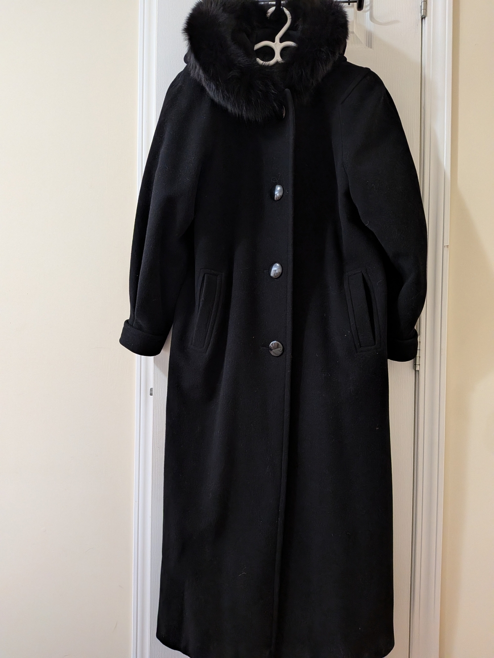 Black Wool Trench Coat with Faux Fur Collar